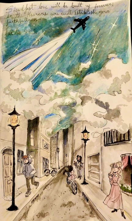 drawing of people walking along a narrow street